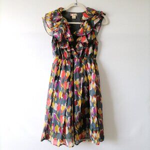 Gracia Womens Dark Gray Ruffle V-Neck Bird Print Fit & Flare Silk Dress Size S